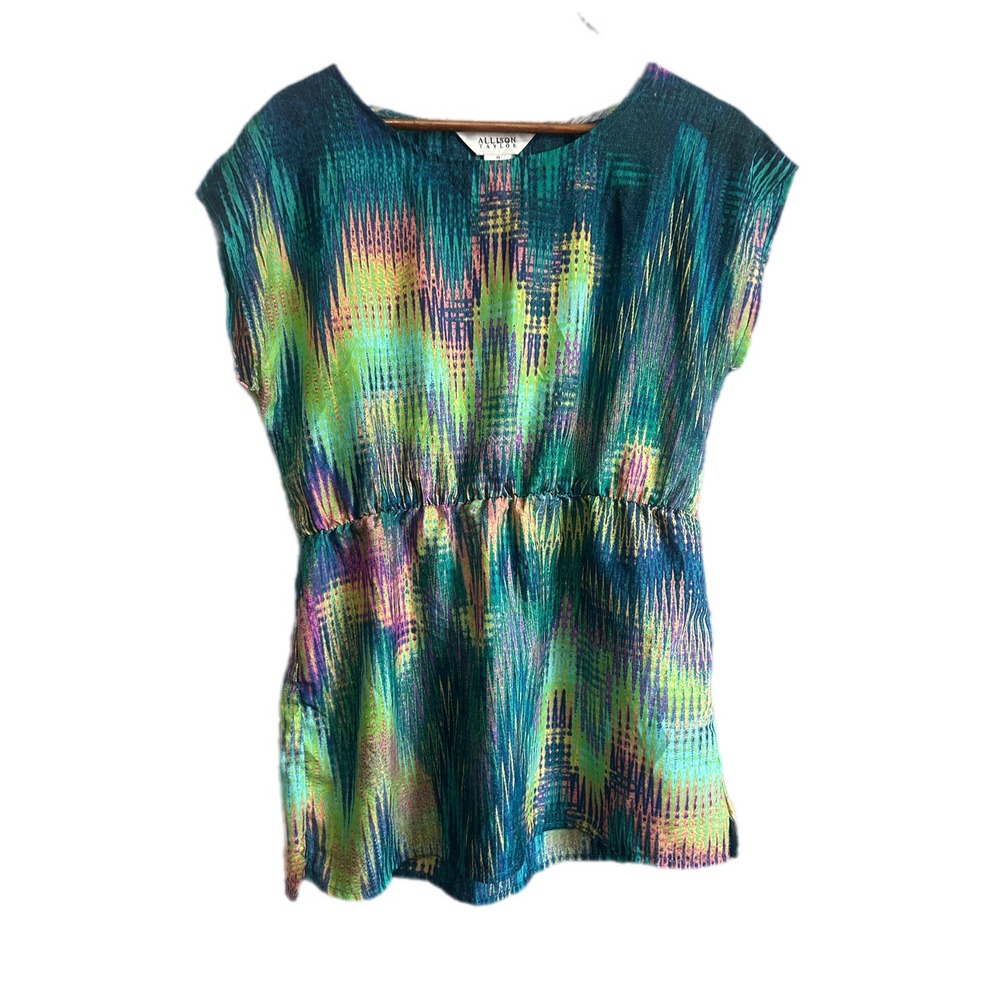 Allison Taylor Multicolor Metallic Pleated Cap-Sleeve Blouse